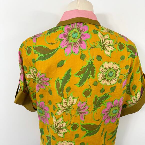 ALEMAIS Winnie Floral Print Linen Shirt Button-Down Top Tangerine US 4 Oversized - Picture 8 of 10